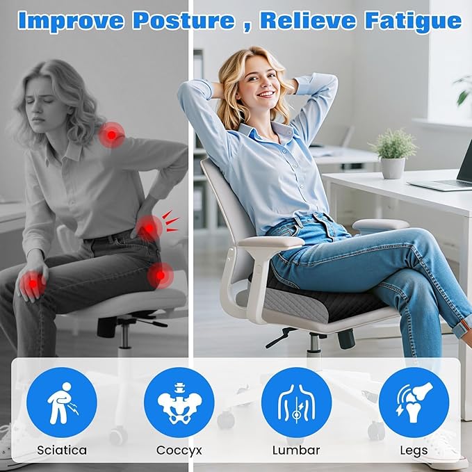 Seat Cushion, Memory Foam Chair Pad, Non-Slip Cushion for Office, Home, Car, Large Desk Chair Cushion, Washable Cover & Handle, Large, Black