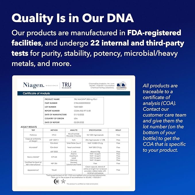 TRU NIAGEN Patented NAD+ Supplement for Anti Aging and Cell Regeneration, 300 mg Niagen, 90 Servings | Supports Cellular Energy, Brain, Muscle | Nicotinamide Riboside (NR) Take 1 Daily | 1 Bottle