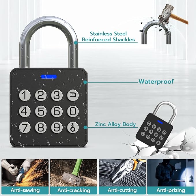 Smart Lock Combination Padlock, Fingerprint Gate Lock with Codepad, Biometric Keyless Combo Lock with Bluetooth APP, Waterproof for Storage Unit Outdoor Fence Gate Shed Gym Locker