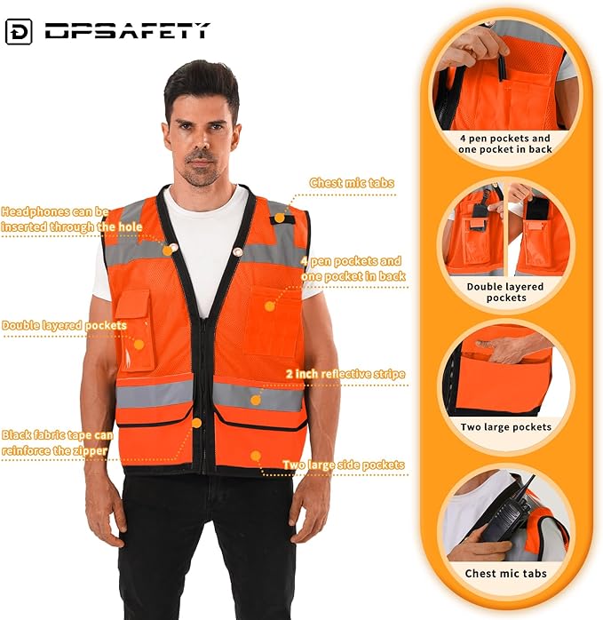 Reflective Safety vest With back plan pocket,High visibility Class 2 Heavy Duty Surveyor Vest with Zipper,Hi Vis Vest ANSI/ISEA Standard, Construction Work Vest for Men＆Women(Orange,5XL)