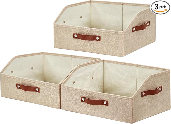 Closet Organizers and Storage, Linen Trapezoid Storage Bins with Handles, Collapsible Shelf Organizer for Blanket, Towel, Clothes, Hats, Purse (Khaki)