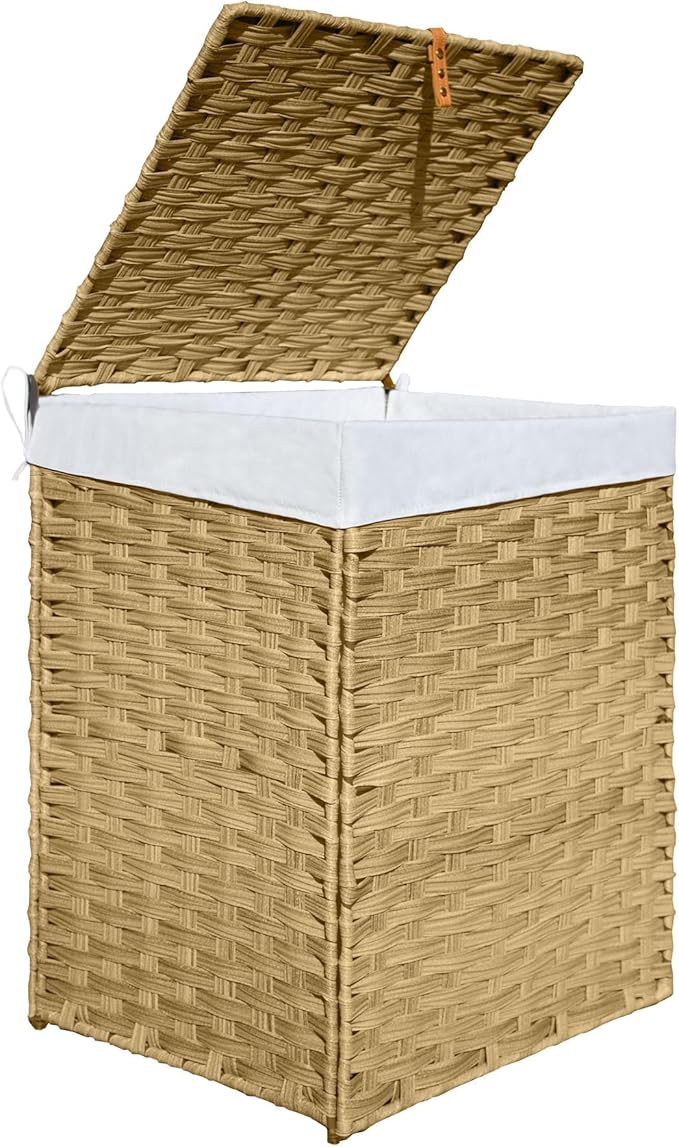 Woven Rattan Laundry Hamper with Lid & Handles,130L Foldable Laundry Basket Includes Machine Washable Removable Liner with 2 Compartments for Storage Basket for Bedroom, Bathroom (Yellow)