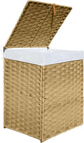 Woven Rattan Laundry Hamper with Lid & Handles,130L Foldable Laundry Basket Includes Machine Washable Removable Liner with 2 Compartments for Storage Basket for Bedroom, Bathroom (Yellow)