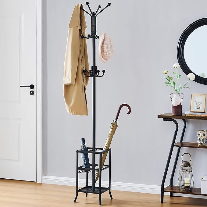 FAVOOSTY Coat Rack Freestanding,Coat Rack Stand with Umbrella Holder,Metal Coat Tree with 12 Hooks,Tree Clothes Hat for Entryway, Hallway, Bedroom, Living Room & Office -Black