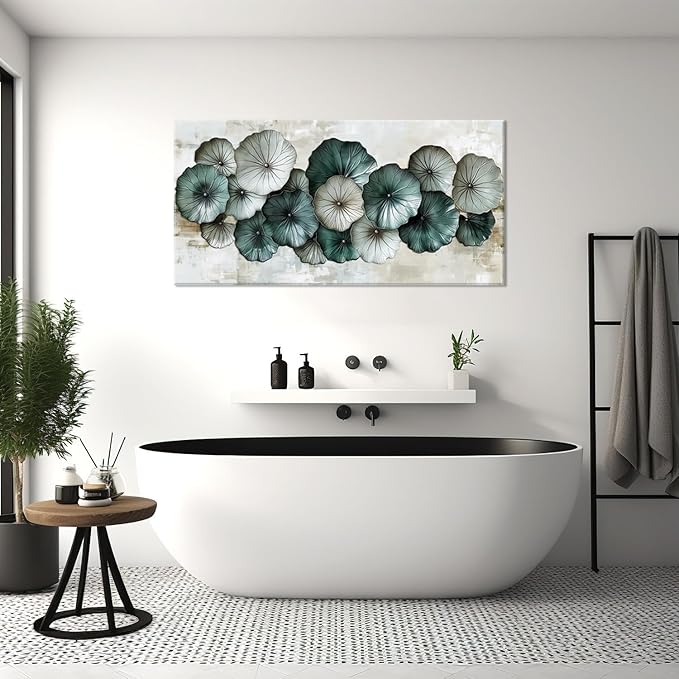 Abstract Cyan Floral Flower Wall Art for Living Room Office Contemporary Art Deco White Painting Prints Modern Canvas Artwork Over The Couch Bedroom Decor Extra Large