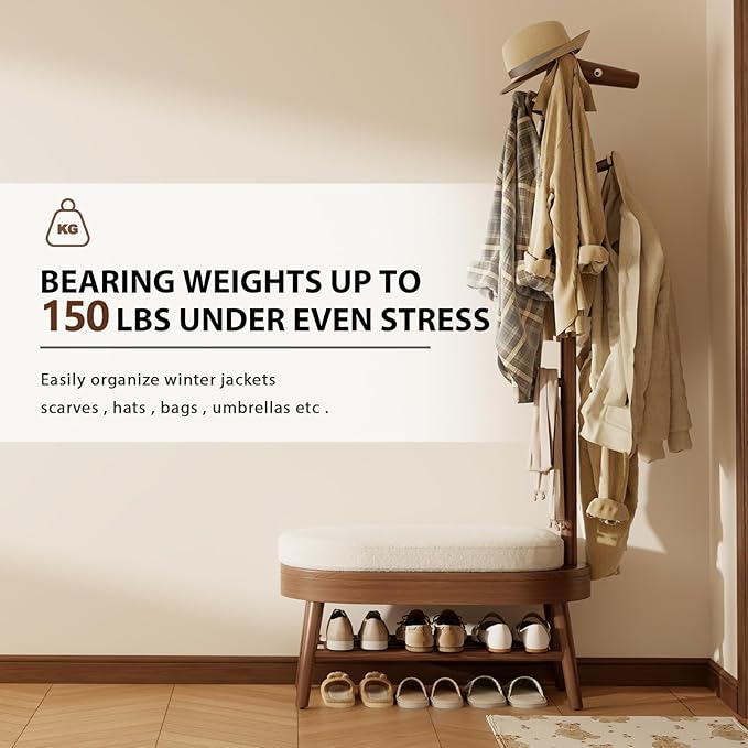 AQIMUELE Shoe Bench Entryway,Coat Rack with Shoe Storage, Coat Rack and Shoe Rack, Wooden Narrow Shoe Bench（Walnut）