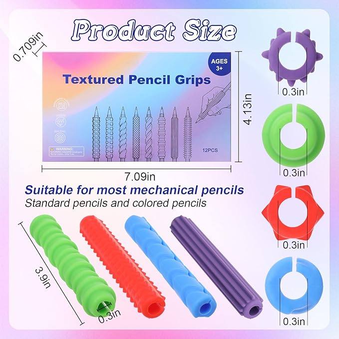12 Pack Textured Silicone Pencil Grip for Adults Fidget Sensory Toys as ADHD Anxiety Focus Relief Tool Classroom Handwriting Pencil Sleeve Christmas Stocking Stuffers Gifts (Classic)