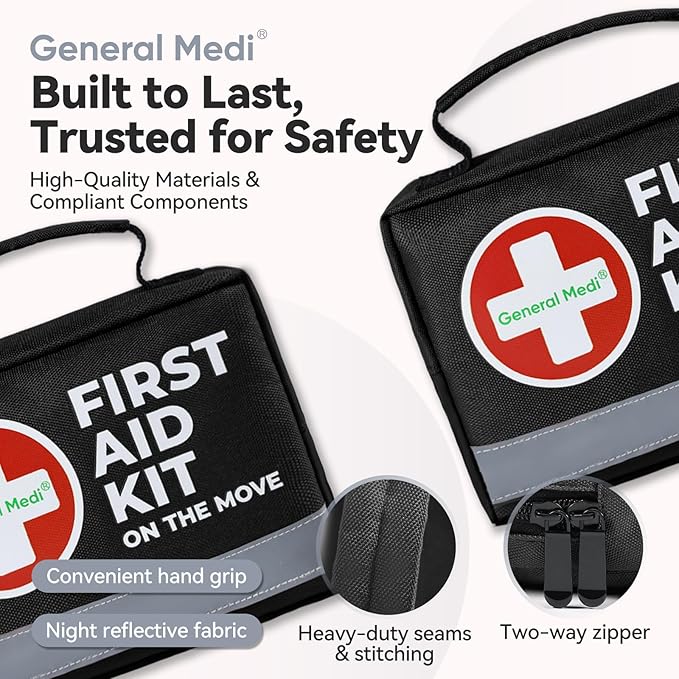 General Medi First Aid Kit - 150 Pieces Small Compact First Aid Kit Bag - Includes Instant Cold Pack, Emergency Blanket for Travel, Home, Office, Vehicle, Camping