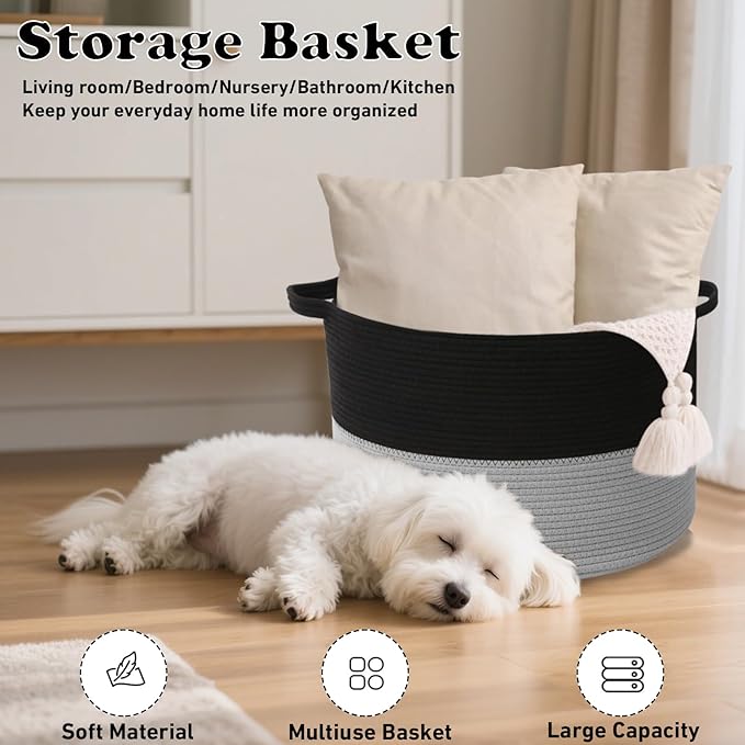 Large Storage Basket with Handle,23.6" x 23.6" x 15.7" Blanket Basket Storage Bins for Organizing,65L Cotton Rope Woven Baskets for Living Room, Nursery ,Bedroom,Black&Light Grey