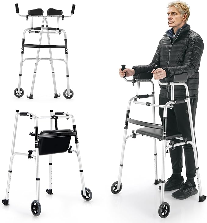 Folding Walkers for Seniors, Upright Walker with Seat, Removable Arm Support & 5" Wheels, Height Adjustable Platform Walker Mobility Aid for Elderly