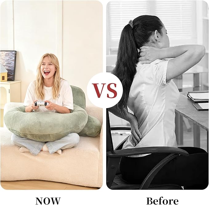 Reading Pillow for Bed,U Shaped & Back Support Pillow for Bed,17" Backrest with Lumbar & Arm Support,Luxurious Faux Rabbit Fur,Gaming PillowFor Crochet/Reading/Watching TV,Green