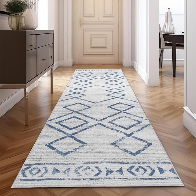 jinchan Hallway Runner Rug 2x10 - Moroccan Kitchen Machine Washable Runner Rug Modern Geometric Soft Faux Wool Ultra-Thin Low-Pile Non-Slip Carpet for Laundry Room Bedroom Farmhouse (2x10ft,Blue)