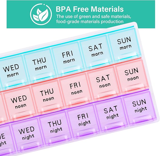 Large Weekly Pill Organizer 3 Times A Day,Travel Pill Cases ，Moisture-Proof 7 Day Pill Contaner, Portable for Pills Vitamin Fish Oil Supplements,Medicine Organizer（2Pack）