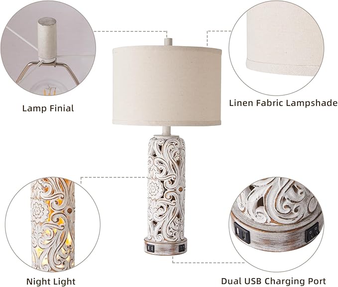 Set of 2 Rustic Farmhouse Table Lamps for Living Room Bedroom, Vintage Bedside Lamp with Dual USB Port, Antique White Resin Retro Nightstand Lamps with Night Light