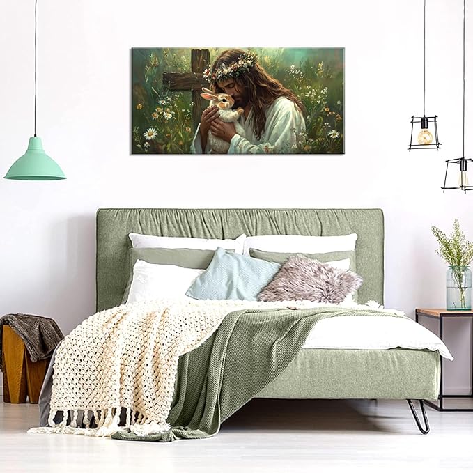 Green Jesus Love Wall Art for Living Room Canvas Painting Prints GOD Embrace Rabbit Bunny Spiritual Faith Crucifix Cross Vintage Art Deco Spring Artwork Office Bedroom Farmhouse Decor Large