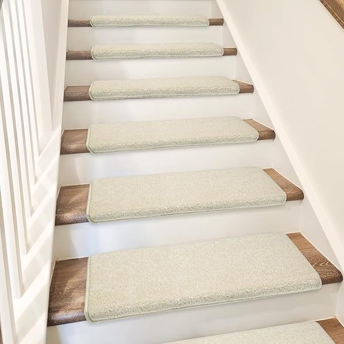 PURE ERA Bullnose Carpet Stair Treads Set Tape Free Non-Slip Indoor Stair Protectors Pet Friendly Rugs Covers Soft Skid Resistant Washable Reusable 9.5" x 30"(2 Pieces,Light Beige)