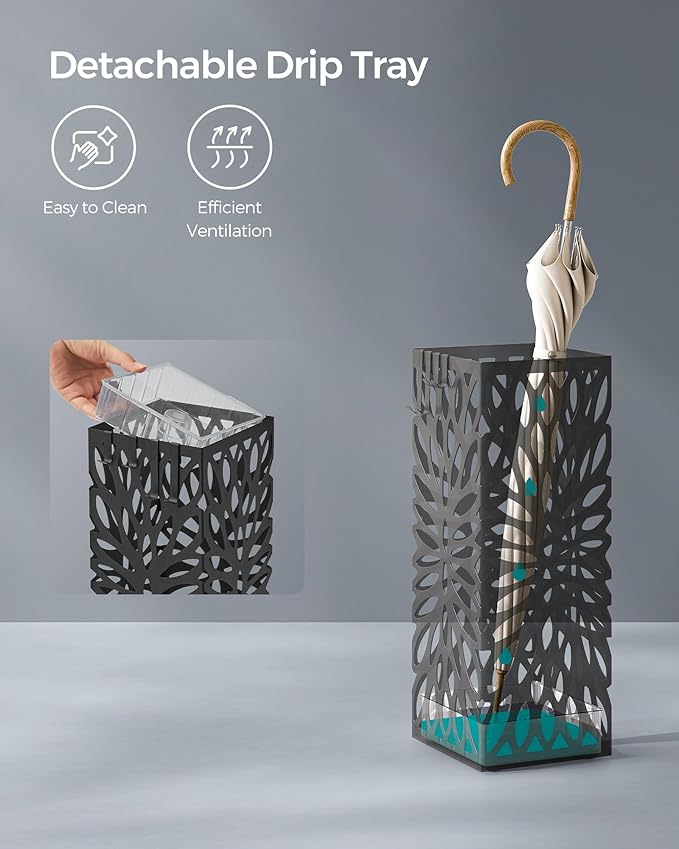 SONGMICS Umbrella Stand, Umbrella Holder for Entryway, Steel Square Umbrella Rack Organizer Freestanding, for Canes Walking Sticks, with a Detachable Drip Tray, 4 Hooks, Black ULUC026B33