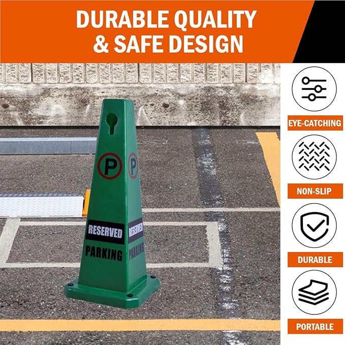 26.5" Caution Cones, 4-Sided Visible Safety Signs with Heavy Rubber Base, Warning for Slip & Fall Prevention, Indoor/Outdoor Use (8, Reserved Parking-Green, 26.5 inch)