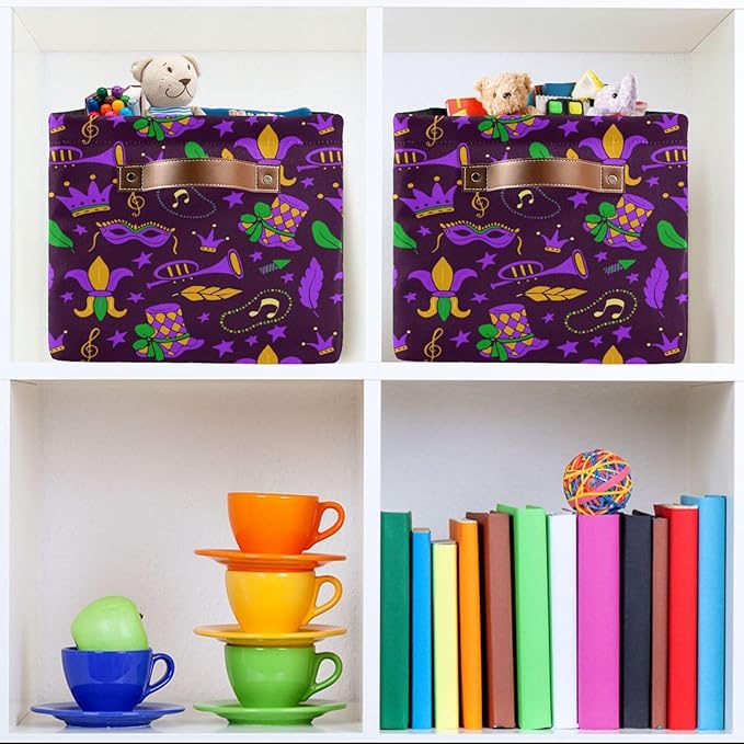Mardi Gras Carnival Storage Basket Cube Storage Bins Organizer Bag Collapsible Closet Shelf Baskets with handle for Cloth Book 14.2×10.2×8.3 IN