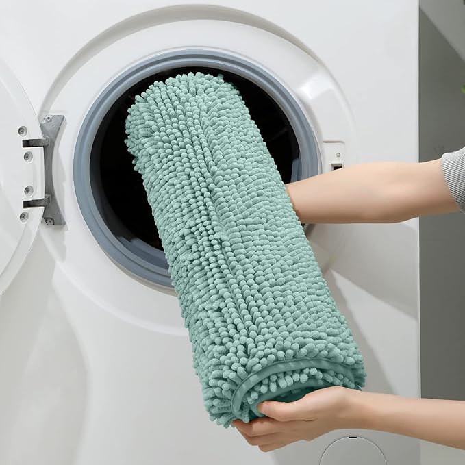 HOMEIDEAS 3 Pieces Bathroom Rugs, Ultra Soft Non Slip Absorbent Chenille Toilet Bath Mat Set (Eggshell Blue)