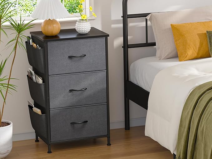 Tall Nightstand, Night Stand with Drawers for Bedroom, Bedside Table with Wooden Top, Sturdy Steel Frame End Table, Dorm Nightstand for Bedroom, Entryway, Hallway, Closet, Cloth Bags, Hooks, Grey