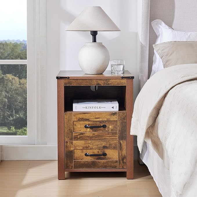 Brown Night Stand, Rustic End Table with Charging Station, Farmhouse Tall Nightstand for Bedroom, Drawer Dresser Bedside Table with Open Storage Shelf