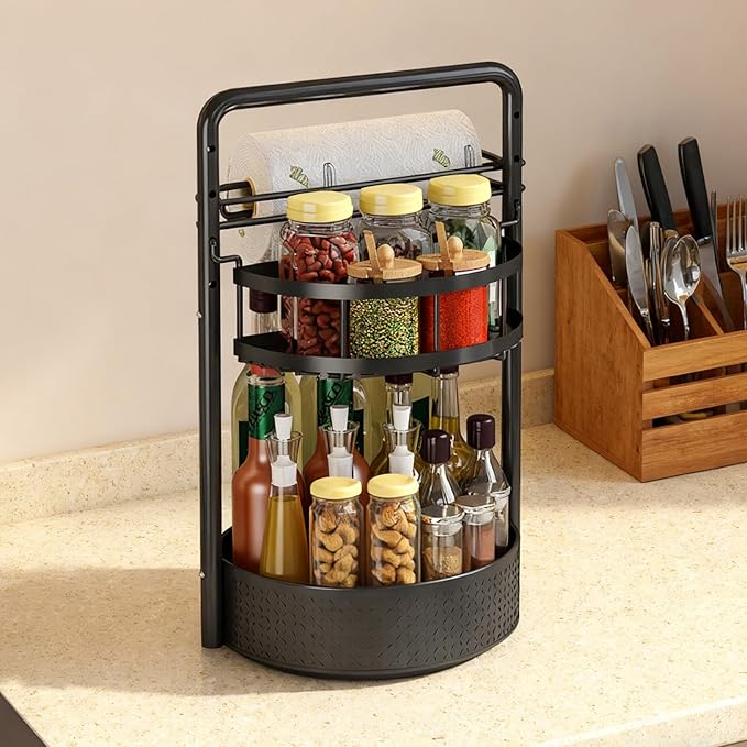 JEESA Lazy Susan Organizer, 360° Rotating Metal Spice Rack with Paper Towel Holder, Turntable Spice Holder for Condiments, Bottles, Jars, Suit for Kitchen Countertop & Cabinet, Black