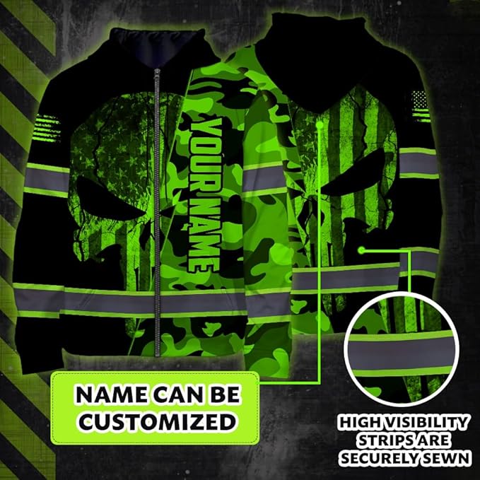 Maddly Hi Vis Reflective Zip Up Hoodie, High Visibility Safety Jacket with Skull Design for runner, worker, trucker, cyclist