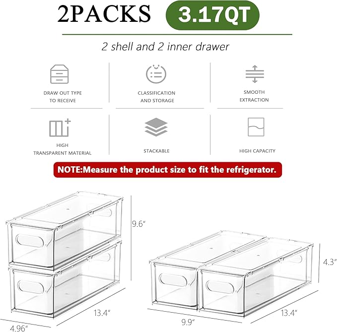 2 Pack Fridge Organizers and Storage with Pull out Drawer, Stackable Storage Drawer, Clear Refrigerator Organizers, BPA-Free for Kitchen Cabinet Pantry,3.14QT