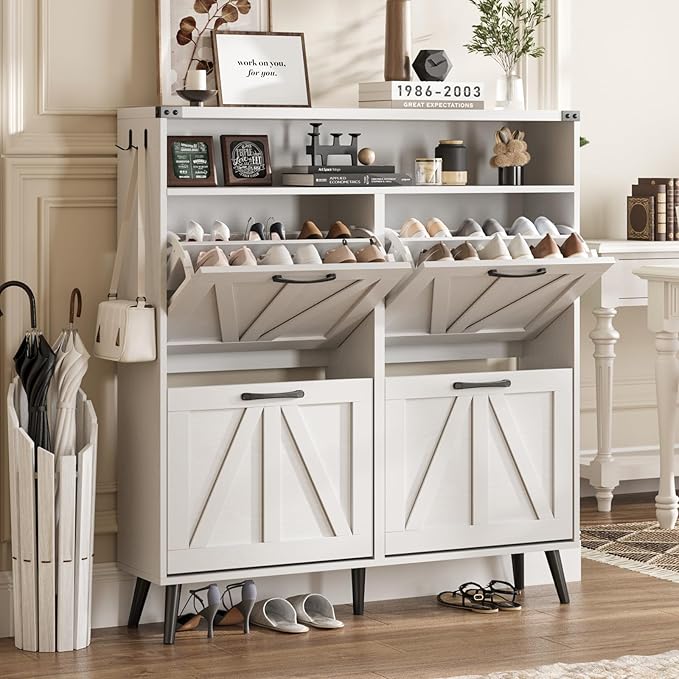Shoe Cabinet with 4 Flip Drawers,Farmhouse Shoe Storage Cabinet for Entryway,Narrow Freestanding Organizer Rack with Open Shelves for Foyer,Hallway,White