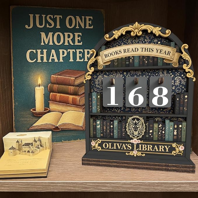 Personalized Book Tracker Sign, Custom Books Read This Year Counter, Book Lover Gift for Teachers, Women, Librarians, Readers, Bookshelf Accessories for Wall & Table, Wooden Hanging Library Décor