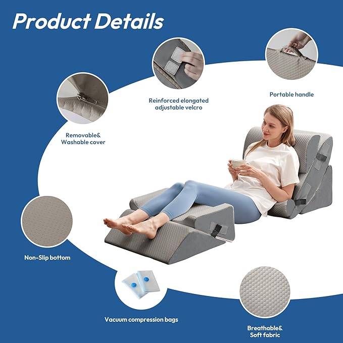 6PCS Wedge Pillow Set for After Surgery, Sit Up Pillow for Bed, Back Support Pillow, Bed Wedge for Shoulder, Leg Pain Relief, Post Surgery Pillow for Sleeping, Acid Reflux, Grey