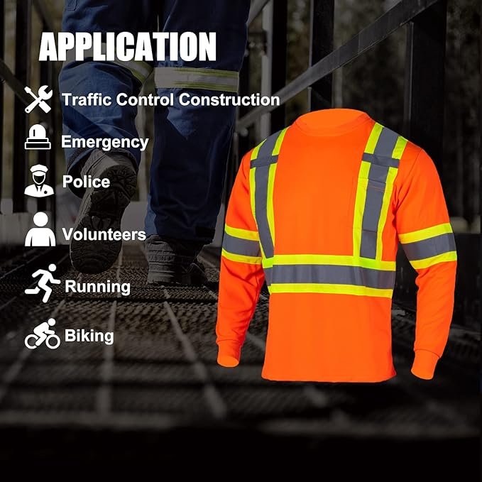 FONIRRA Hi Vis Shirts for Men Reflective ANSI Class 2 Safety Long Sleeve High Visibility Work Construction T Shirts Orange
