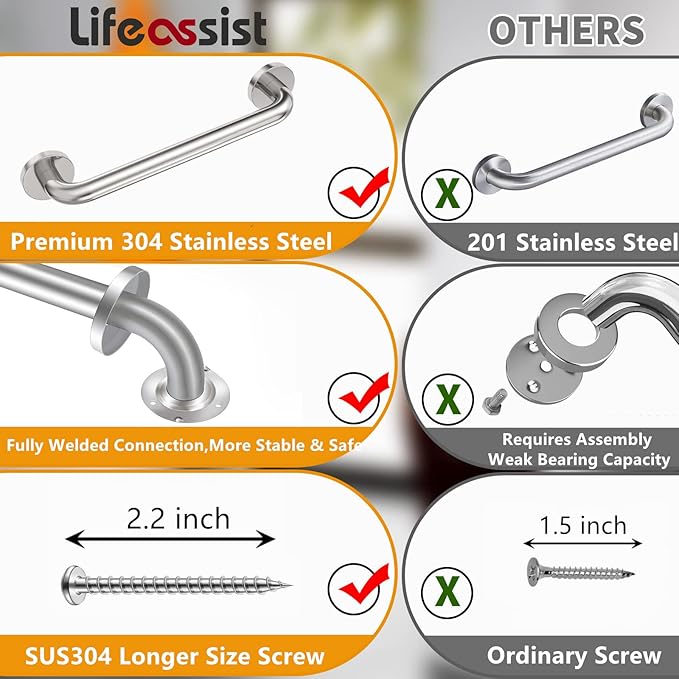 2 Pack Grab Bars for Bathroom, 24 Inch Chrome Stainless Steel Shower Grab Bar, 304 Stainless Steel Safety Grab Bar for Bathtubs and Showers, 500lbs Support Shower Bar for Seniors for Christmas Gifts