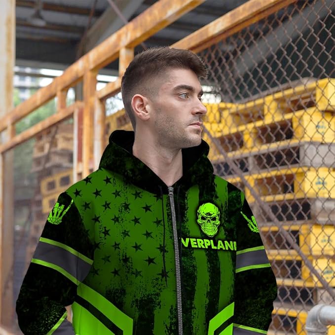 Maddly Hi Vis Reflective Zip Up Hoodie, High Visibility Safety Jacket with Skull Design for runner, worker, trucker, cyclist