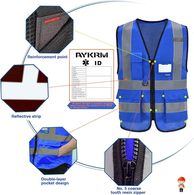 A-SAFETY Blue High Visibility Vest Reflective Safety Vest,Hi Vis Bright Neon Color with 4 Reflective Strips 7 Pockets,XXXL