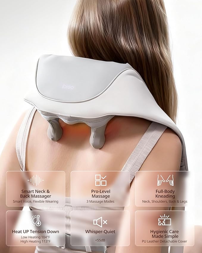 Cordless Shiatsu Neck and Back Massager with Heat, 10 Mins x 12 Uses, 3 Massage Modes & 2 Intensity Levels, 3D Kneading Deep Tissue for Pain Relief, Voice Prompt & Smart Memory, Relax for Women, Men