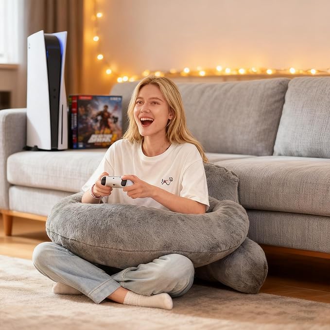 Reading Pillow for Bed,U Shaped & Back Support Pillow for Bed,17" Backrest with Lumbar & Arm Support,Luxurious Faux Rabbit Fur,Gaming PillowFor Crochet/Reading/Watching TV,Gray