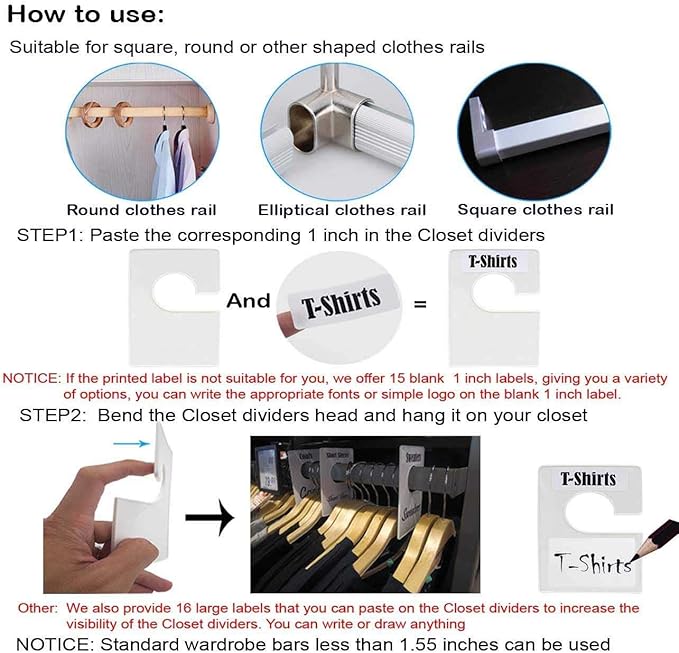 10 Pack White Clothing Rack Size Dividers Plus 60 Labels (1 Inch) and 16 Large Blank Labels, Large Rectangular Clothing Closet dividers (Pearl White)