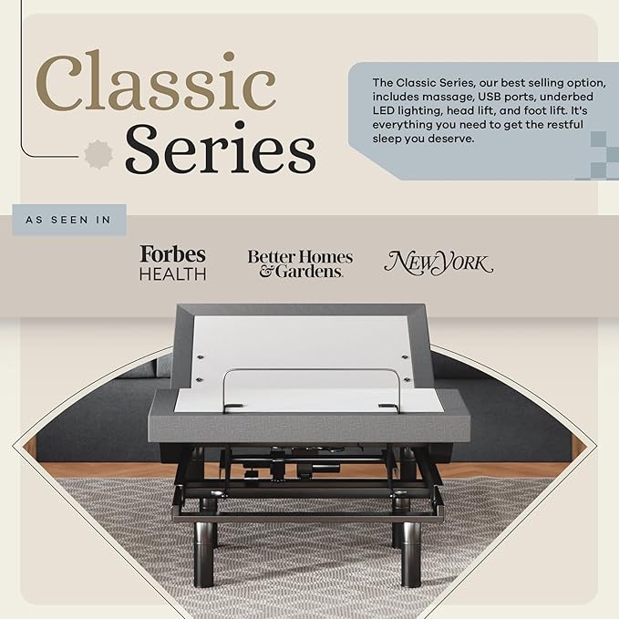 Sven & Son Classic Adjustable Bed Base, Head and Foot Lift, Massage, Under-Bed Lights, USB, Gel Memory, Zero Gravity Smart Frame - Twin XL
