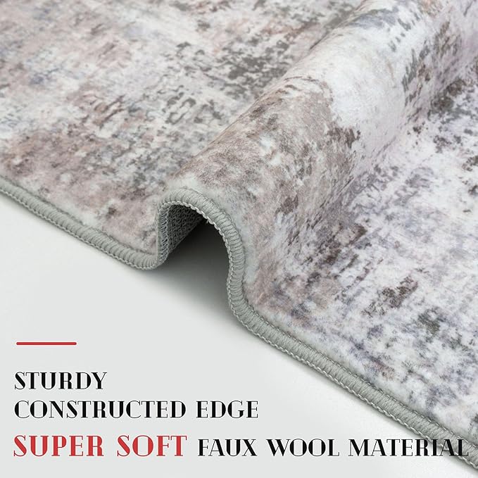 Modern Abstract 3x14 Runner Rug, Beige Grey Neutral Washable Long Kitchen Runner Non-Slip Soft Hallway Rug Runner Thin Print Faux Wool Floor Carpet for Hall Stair Entryway