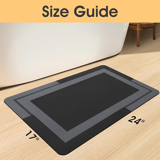 ACCUMTEK Ultra Thin Bath Mat, Upgrade Backing Non Slip Thin Bath Mats Fit Under Door, Quick Dry Ultra Absorbent Bathroom Rugs, Machine Washable Bath Rugs for Bathroom, Bathtub, Black/Bordered/24 x17