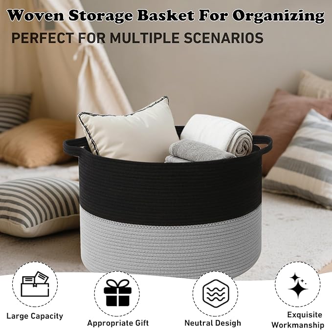 Large Storage Basket with Handle,19.7"x 19.7"x 13" Blanket Basket Storage Bins for Organizing,65L Cotton Rope Woven Baskets for Living Room, Nursery ,Bedroom,Black&Light Grey