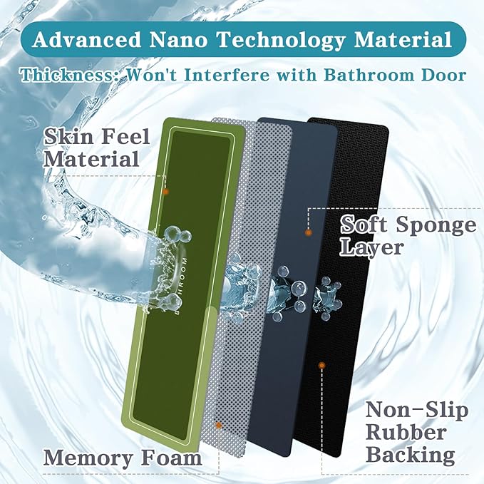 Bath Mat, Super Absorbent Non Slip Quick Dry Thin Rubber Mats for Bathroom Floor, Fit Under Door, Shower Rug for Bathtub, Green
