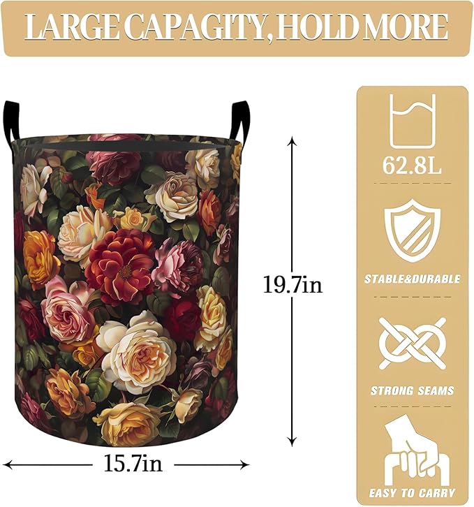 Lush Roses in Red and Yellow Shades Laundry Basket, Dorm Nursery Foldable Laundry Hamper Organizer for Bathroom Decor, Toy Clothes Storage Box for Bedroom 19.7x15.7 Inch