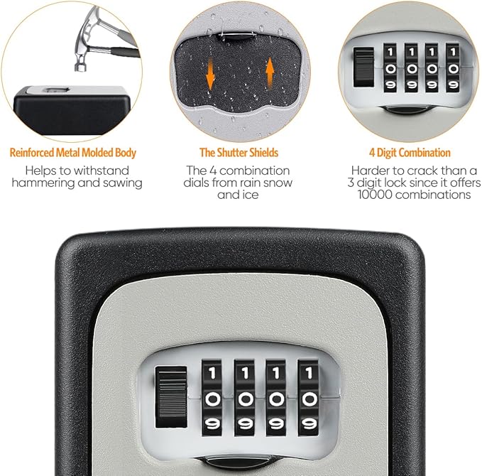 Key Lock Box Wall Mounted, Fayleeko 4 Digit Combination Lockbox for Outside, House Keys - 5 Keys Capacity, Key Safe Security Storage Lock Box for Indoor, Outdoor, Garage, Garden, Store (Grey, 1Pack)