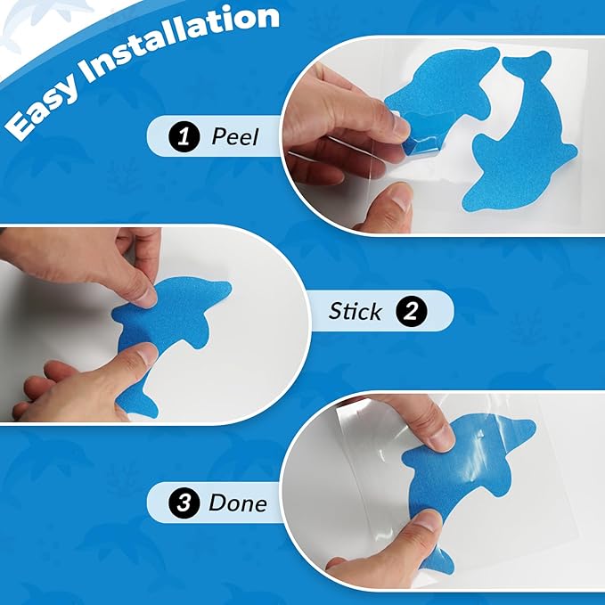 S&X Bathtub Non Slip Stickers,Grippy Dolphin Adhesive Treads – Fine Gritty Textured Surface – Pack of 12 Shower Floor Non Slip Stickers – Comfortable Grip On Slipper Surfaces