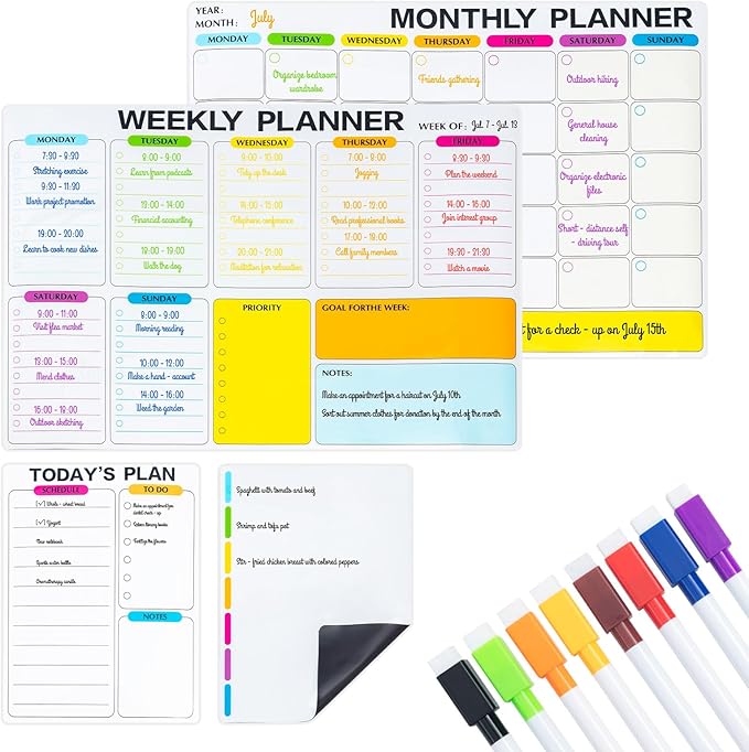 M&G Magnetic Dry Erase Calendar Set for Fridge, 4 Pack Planning Whiteboard with 10 Markers and Eraser, Monthly & Weekly & Daily Chore Chart for Refrigerator Wall Door