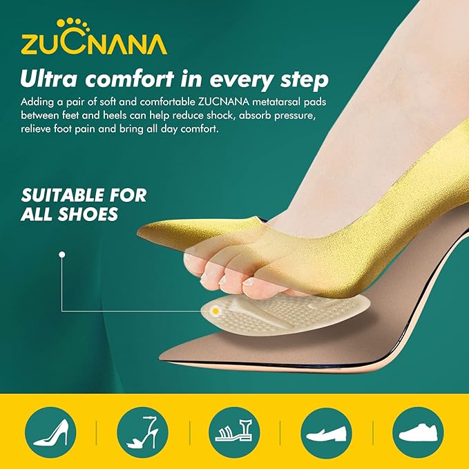 Metatarsal Pads Ball of Foot Cushions (6 Pairs), Non Slip High Heel Cushion Inserts Women, One Size Fits All Shoe Inserts for Women and Men, Reusable Foot Pads All Day Pain Relief and Comfort