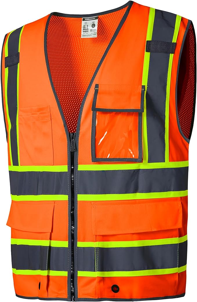 SKSAFETY 10 Pockets Safety Vest, Class 2 High Visibility Security with Zipper Back Mesh, Hi Vis Vest with Reflective Strips, ANSI/ISEA Standard, Construction Work Vest for Men ＆ Women （Orange, 2XL）
